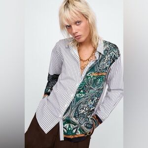 Zara Mixed Print Striped & Paisley Patchwork Button Down Shirt Size S